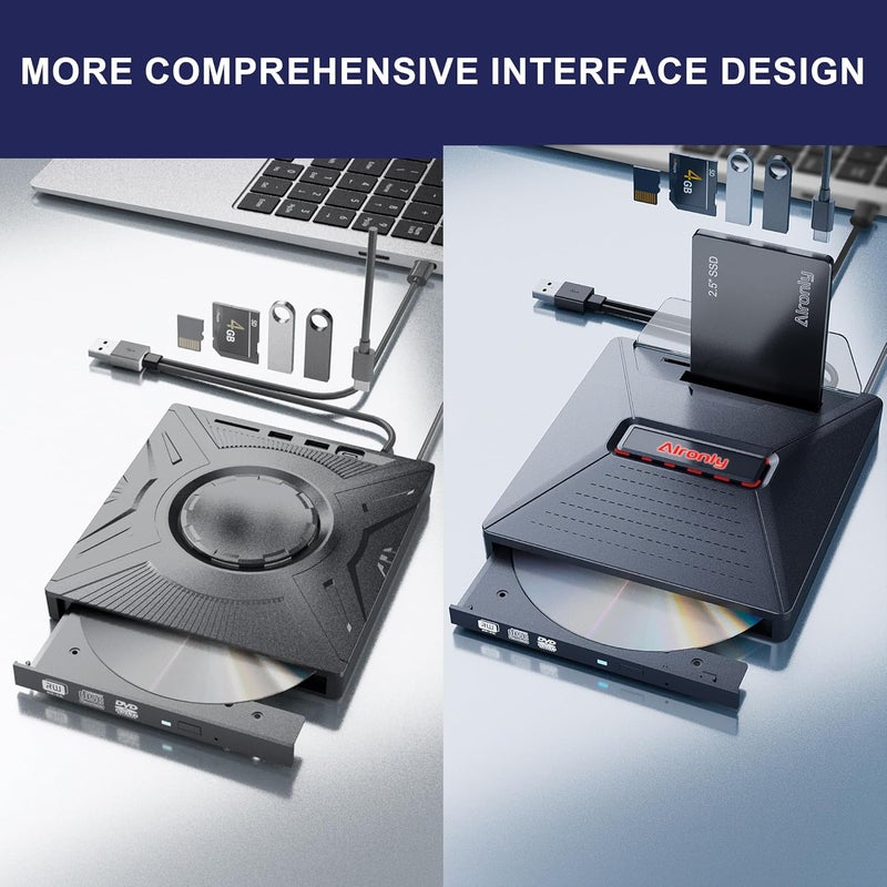 Alronly External CD/DVD Drive for Laptop/PC, USB 3.0 Type-C USB Portable Player for Computer CD DVD +/-RW Disk Drive CD Burner Writer Reader Compatible with Desktop Windows Apple Linux (F05) - Image 3